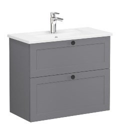 Vitra Root Classic 68675 Lavabo Dolabı, Çift Çekmeceli, 80 Cm, Dar, Mat Gri, Köşeli Lavabolu